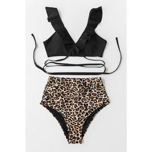 New Black And Leopard Falbala Bikini
